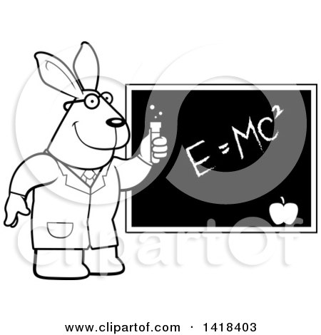 Cartoon Clipart of a Black and White Lineart Professor or Scientist Rabbit by a Chalkboard - Royalty Free Vector Illustration by Cory Thoman