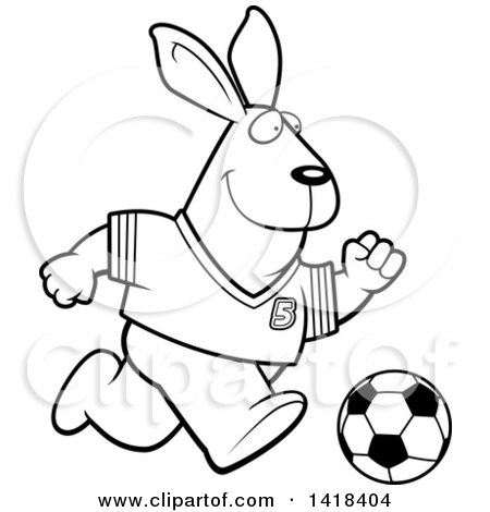 Cartoon Clipart of a Black and White Lineart Sporty Rabbit Playing Soccer - Royalty Free Vector Illustration by Cory Thoman