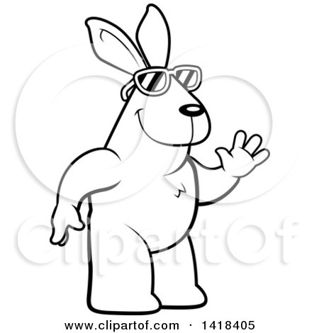Cartoon Clipart of a Black and White Lineart Friendly Rabbit Wearing Sunglasses and Waving - Royalty Free Vector Illustration by Cory Thoman