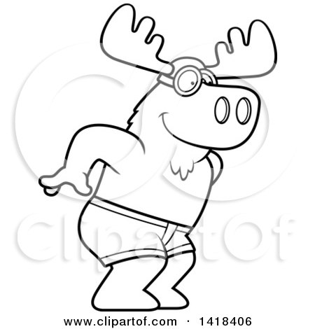 Cartoon Clipart of a Black and White Lineart Swimmer Moose Diving - Royalty Free Vector Illustration by Cory Thoman