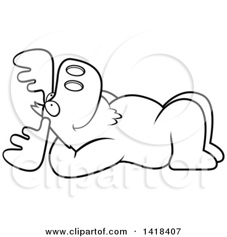 Cartoon Clipart of a Black and White Lineart Relaxed Moose Resting on His Back and Stargazing - Royalty Free Vector Illustration by Cory Thoman