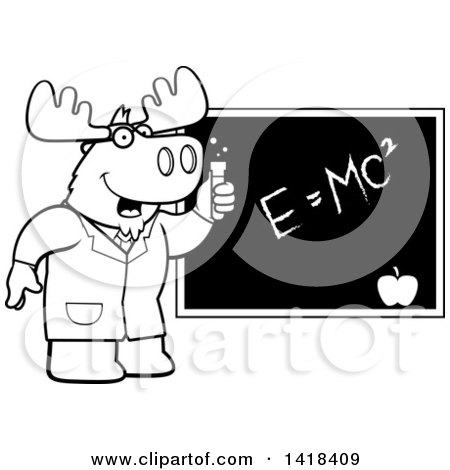 Cartoon Clipart of a Black and White Lineart Professor or Scientist Moose by a Chalkboard - Royalty Free Vector Illustration by Cory Thoman