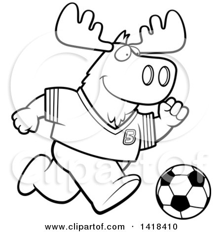 Cartoon Clipart of a Black and White Lineart Sporty Moose Playing Soccer - Royalty Free Vector Illustration by Cory Thoman