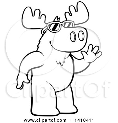 Cartoon Clipart of a Black and White Lineart Friendly Moose Wearing Sunglasses and Waving - Royalty Free Vector Illustration by Cory Thoman