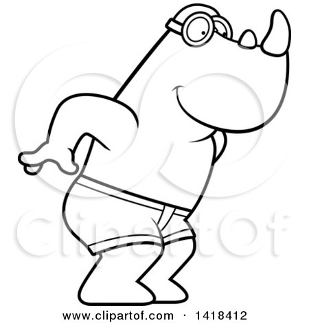 Cartoon Clipart of a Black and White Lineart Swimmer Rhino Diving - Royalty Free Vector Illustration by Cory Thoman