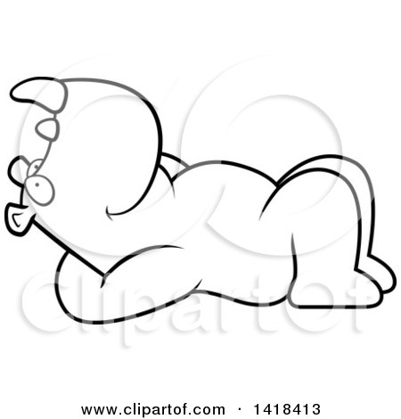 Cartoon Clipart of a Black and White Lineart Relaxed Rhino Resting on His Back and Stargazing - Royalty Free Vector Illustration by Cory Thoman