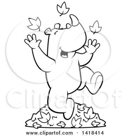 Cartoon Clipart of a Black and White Lineart Happy Rhino Playing in Autumn Leaves - Royalty Free Vector Illustration by Cory Thoman