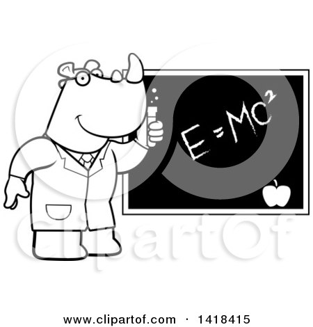 Cartoon Clipart of a Black and White Lineart Professor or Scientist Rhino by a Chalkboard - Royalty Free Vector Illustration by Cory Thoman