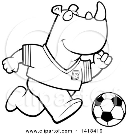 Cartoon Clipart of a Black and White Lineart Sporty Rhino Playing Soccer - Royalty Free Vector Illustration by Cory Thoman