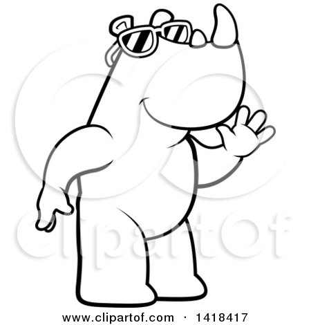 Cartoon Clipart of a Black and White Lineart Friendly Rhino Wearing Sunglasses and Waving - Royalty Free Vector Illustration by Cory Thoman