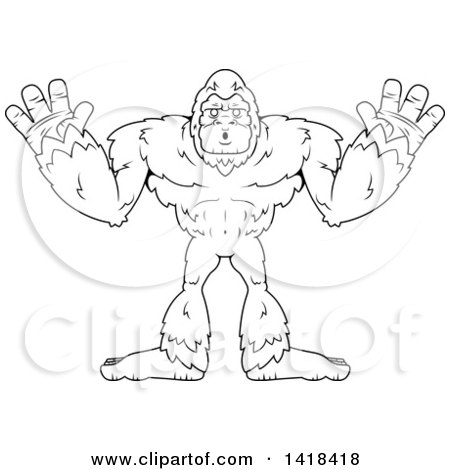 Clipart of a Black and White Lineart Bigfoot Sasquatch Holding His Hands up - Royalty Free Vector Illustration by Cory Thoman