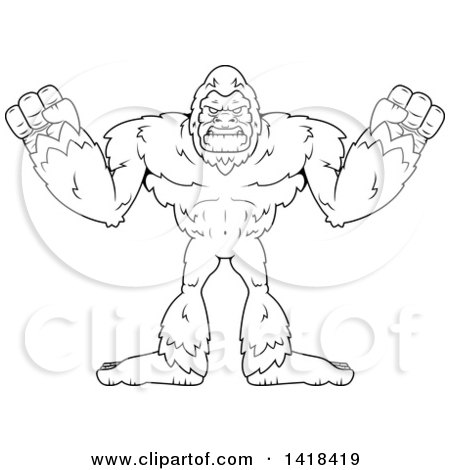 Clipart of a Mad Black and White Lineart Bigfoot Sasquatch - Royalty Free Vector Illustration by Cory Thoman