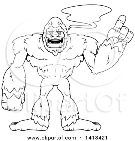 Clipart of a Black and White Lineart Bigfoot Sasquatch Talking and Holding up a Finger - Royalty Free Vector Illustration by Cory Thoman