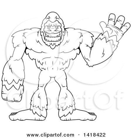 Clipart of a Black and White Lineart Bigfoot Sasquatch Waving - Royalty Free Vector Illustration by Cory Thoman