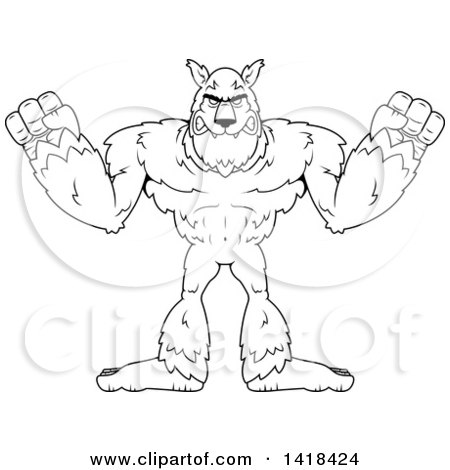 Cartoon Clipart of a Mad Black and White Lineart Werewolf - Royalty Free Vector Illustration by Cory Thoman