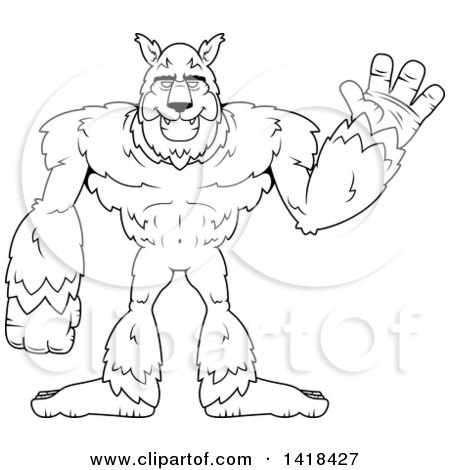 Cartoon Clipart of a Black and White Lineart Werewolf Waving - Royalty Free Vector Illustration by Cory Thoman