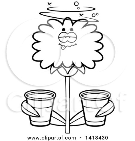 Cartoon Clipart of a Black and White Lineart Drunk Dandelion Flower Holding Cups - Royalty Free Vector Illustration by Cory Thoman