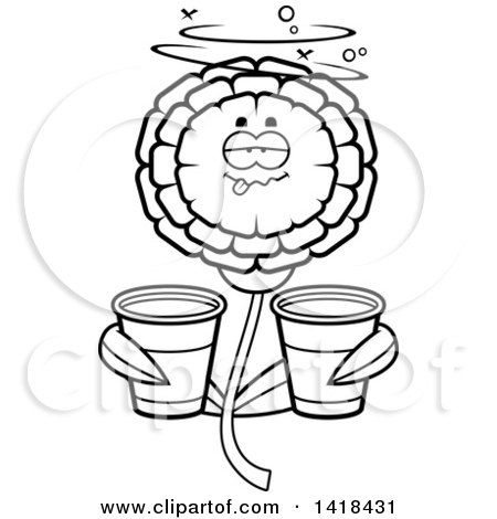Cartoon Clipart of a Black and White Lineart Drunk Marigold Flower Holding Cups - Royalty Free Vector Illustration by Cory Thoman
