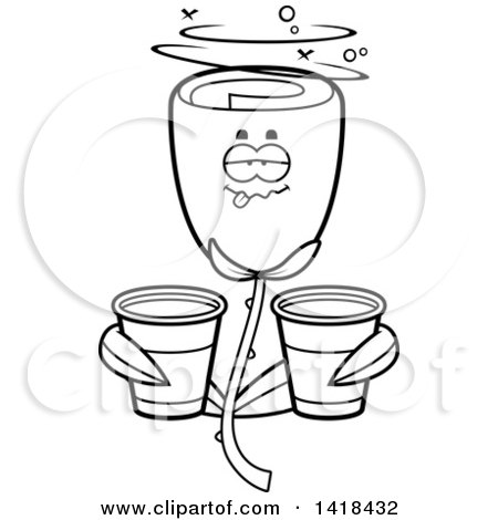 Cartoon Clipart of a Black and White Lineart Drunk Red Rose Flower Holding Cups - Royalty Free Vector Illustration by Cory Thoman