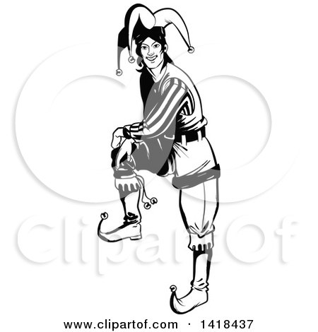 Clipart of a Black and White Jester Joker Resting a Foot on an Invisible Object - Royalty Free Vector Illustration by Frisko