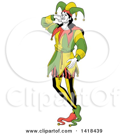 Clipart of a Jester Joker Leaning Against an Invisible Wall - Royalty Free Vector Illustration by Frisko