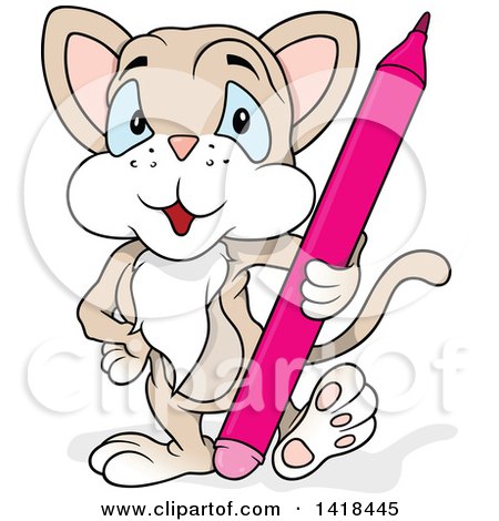 Clipart of a Cartoon Beige Cat Artist with a Colored Pencil or Marker - Royalty Free Vector Illustration by dero