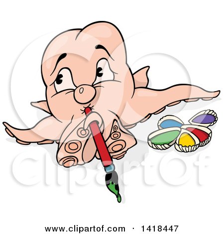 Clipart of a Cartoon Artist Octopus Painting - Royalty Free Vector Illustration by dero