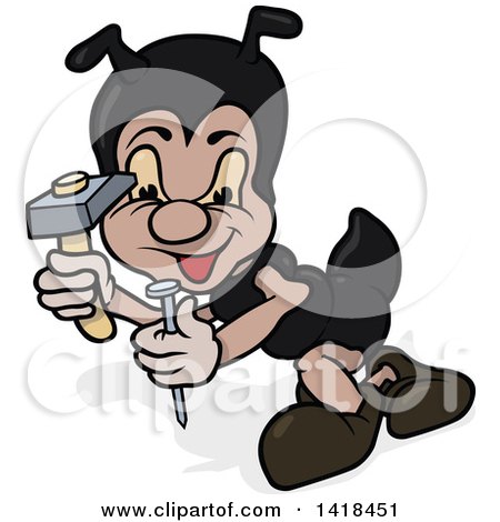 Clipart of a Cartoon Worker Ant Holding a Hammer and Nail - Royalty Free Vector Illustration by dero