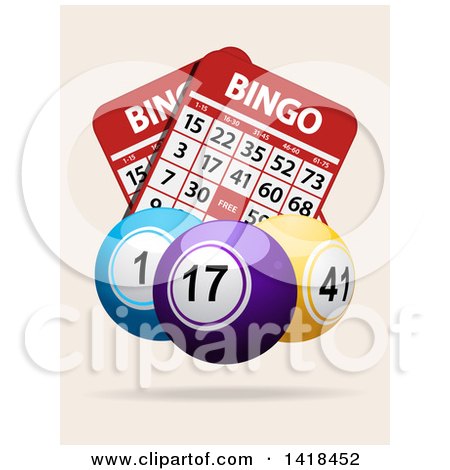 Clipart of 3d Bingo Balls over Cards, on an off White Background - Royalty Free Vector Illustration by elaineitalia
