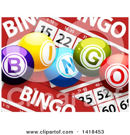 Clipart of 3d Bingo Balls over Cards - Royalty Free Vector Illustration by elaineitalia