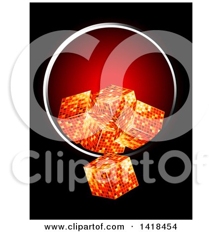 Clipart of 3d Golden Cubes Falling out of a Metallic Round Frame on Black - Royalty Free Vector Illustration by elaineitalia