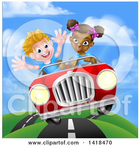 Clipart of a Happy Black Girl Driving a White Boy and Catching Air in a Convertible Car - Royalty Free Vector Illustration by AtStockIllustration