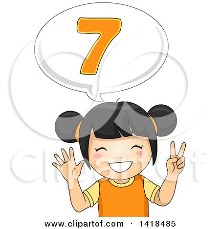 Clipart of a Happy Asian School Girl Counting and Saying Number 7 - Royalty Free Vector Illustration by BNP Design Studio