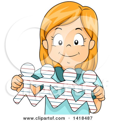 Clipart of a Happy Red Haired Caucasian Girl Holding Paper People - Royalty Free Vector Illustration by BNP Design Studio