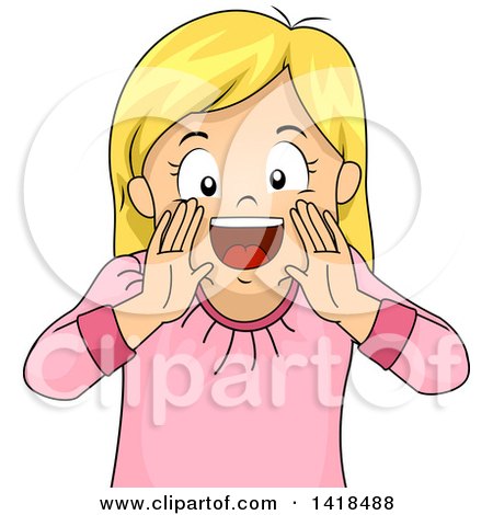 Clipart of a Blond Caucasian Girl Shouting and Framing Her Mouth - Royalty Free Vector Illustration by BNP Design Studio
