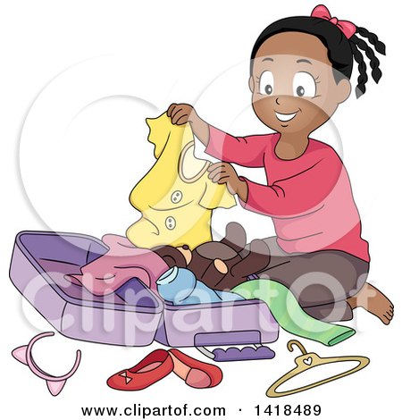 Clipart of a Happy African Girl Packing a Suitcase - Royalty Free Vector Illustration by BNP Design Studio