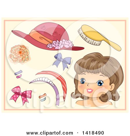 Clipart of a Sketched Retro Paper Doll Girl and Accessories - Royalty Free Vector Illustration by BNP Design Studio