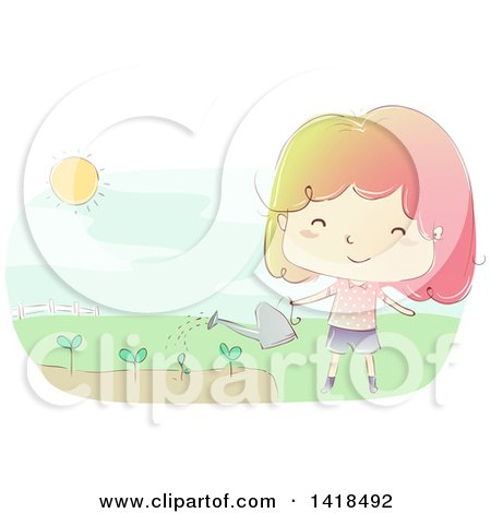 Clipart of a Sketched Happy Girl Watering a Garden - Royalty Free Vector Illustration by BNP Design Studio