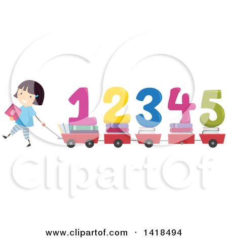 Clipart of a School Girl Pulling Wagons or Carts with Books and Numbers - Royalty Free Vector Illustration by BNP Design Studio