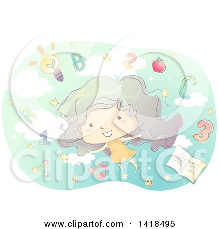 Clipart of a Sketched Girl with Numbers, Letters and Education Items in the Sky - Royalty Free Vector Illustration by BNP Design Studio
