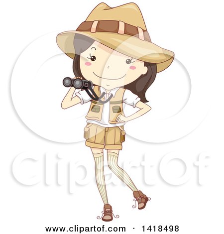 Clipart of a Sketched Safari Girl Holding Binoculars - Royalty Free Vector Illustration by BNP Design Studio