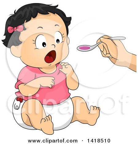 Clipart of a Hand Holding out a Spoon with Cough Syrup for a Sick Baby Girl - Royalty Free Vector Illustration by BNP Design Studio