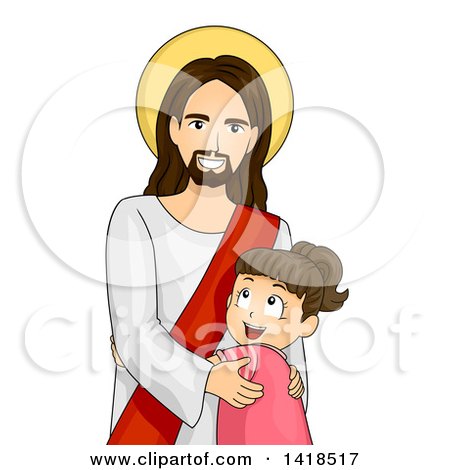 Clipart of a Brunette Caucasian Girl Hugging Jesus - Royalty Free Vector Illustration by BNP Design Studio