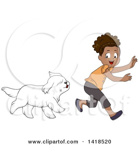 Clipart of a Happy African Girl Playing Chase with Her Dog - Royalty Free Vector Illustration by BNP Design Studio