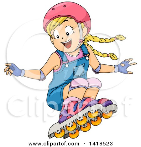 Clipart of a Blond Caucasian Girl Jumping and Roller Blading - Royalty Free Vector Illustration by BNP Design Studio