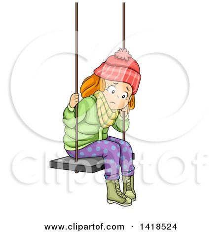 Clipart of a Sad Red Haired Caucasian Girl in Winter Clothes, Sitting on a Swing - Royalty Free Vector Illustration by BNP Design Studio
