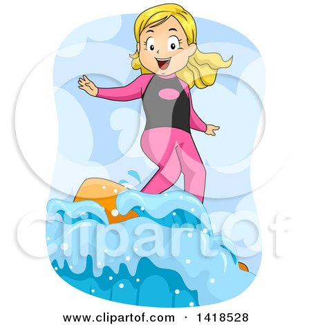 Clipart of a Blond Caucasian Girl Surfing - Royalty Free Vector Illustration by BNP Design Studio
