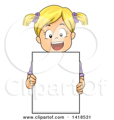 Clipart of a Happy Blond Caucasian Girl Holding a Blank Sign - Royalty Free Vector Illustration by BNP Design Studio