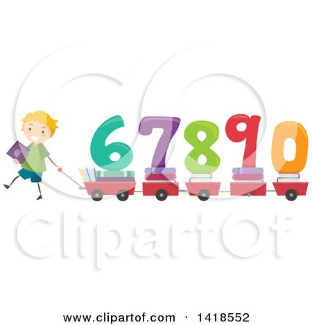 Clipart of a School Boy Pulling Wagons or Carts with Books and Numbers - Royalty Free Vector Illustration by BNP Design Studio