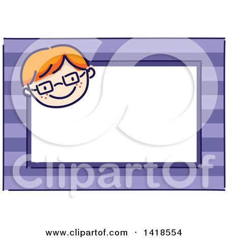 Clipart of a Sketched Red Hair Caucasian Boy's Face on a Purple Name Tag Frame - Royalty Free Vector Illustration by BNP Design Studio